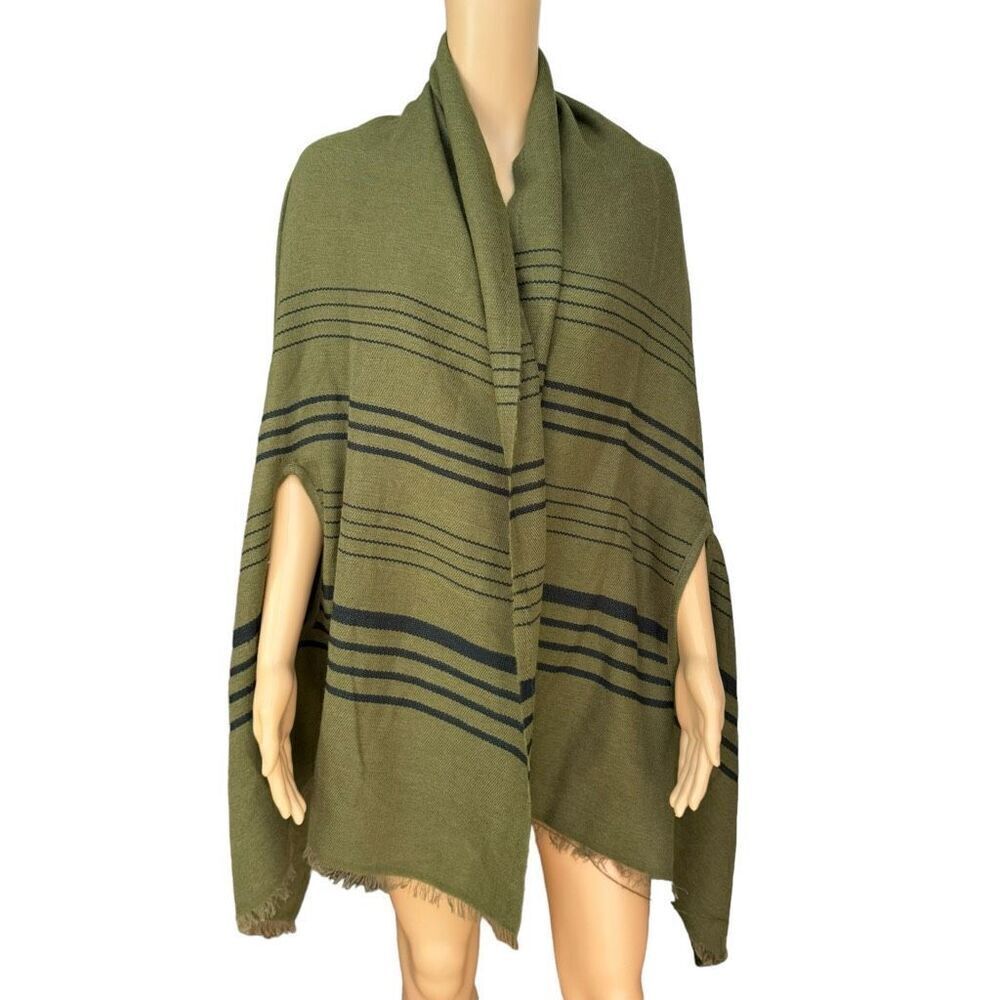 J. Crew Summerweight Cape Scarf Wrap Green Black Stripe Fringe Trim one size NWT